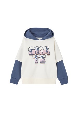 White and blue hooded sweatshirt with built-in blue long sleeves and "SKATE" text featuring skateboarder silhouettes on the front.