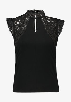 Top preto com detalhes em renda nos ombros e no decote, abertura em forma de chave na frente, design sem mangas e tecido texturizado.