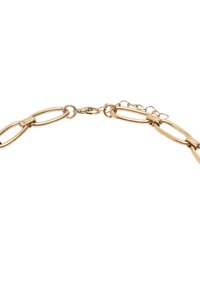 Złoty naszyjnik łańcuszkowy z wydłużonymi prostokątnymi ogniwami o polerowanej powierzchni, zapinany na karabińczyk z regulowanym łańcuchem.