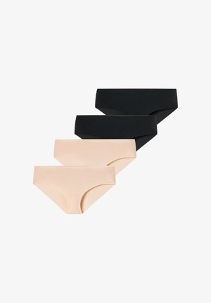 Quatre paires de culottes hipster sans couture pour femmes en noir et couleur nude, disposées en deux rangées sur un fond blanc.