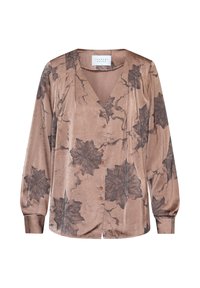 Tan bluse med lange ærmer, V-hals og frontknapper. Har mørke bladmønstre og et glat, let struktureret stof.