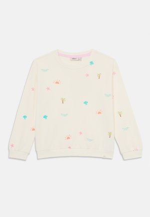 Helles beige Sweatshirt mit Rundhalsausschnitt, langen Ärmeln und buntem, strandthemenbezogenem Stickerei-Design, einschließlich Sonnen, Muscheln und Palmen.