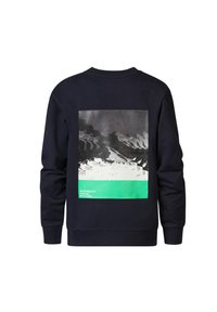 Marineblauwe sweatshirt met een rechthoekige grafiek in zwart, wit en groen met abstracte bergen en tekst onderaan.
