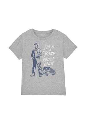 Graues T-Shirt mit einer Grafik eines Mannes in Arbeitslatzhosen, der neben einem Oldtimer-Truck einen Schraubenschlüssel hält, und dem Text "Ich bin ein Ford-Truck-Mann."