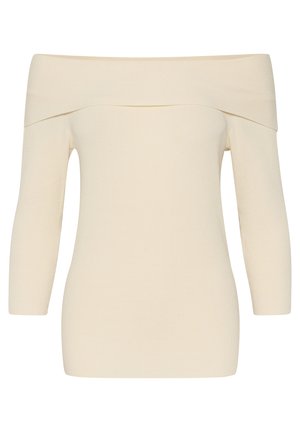Off-shoulder cremetop med ribbet struktur, trekvartærmer og tætsiddende silhuet, med en glat tekstur og subtile stikninger.