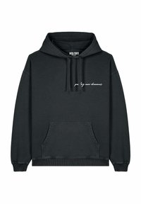 Hoodie noir en tissu doux, avec une poche kangourou à l'avant et une capuche à cordon. Texte "parlez-moi d'amour" en cursive blanche sur la poitrine.