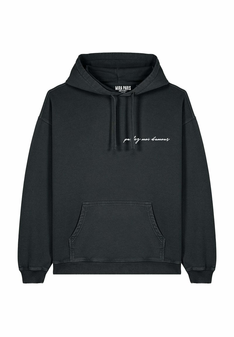 Hoodie noir en tissu doux, avec une poche kangourou à l'avant et une capuche à cordon. Texte "parlez-moi d'amour" en cursive blanche sur la poitrine.