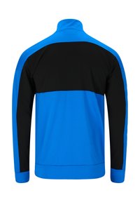 Blå och svart sportjacka med hög krage, med ett färgblockdesign och långa ärmar. Slät textur utan synlig hårdvara.