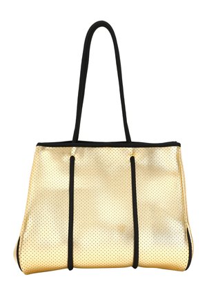 Sac fourre-tout perforé doré avec des accents noirs. Dispose de deux poignées noires robustes et d'un intérieur spacieux, mis en valeur par un motif à pois.