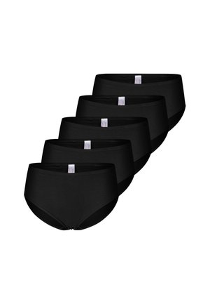 Fünf Paare schwarze Baumwollslips mit einer glatten Textur, mittelhohem Bund und ohne zusätzliche Muster oder Verzierungen.