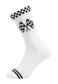 Valkoinen rykelmisukka, jossa mustat ruutukuvioiset kilpa-autoliput sivussa, musta ruutukuviointireuna resorissa ja kaksi mustaa viivaa varpaassa.