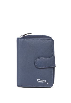 Portafoglio compatto in pelle blu navy con cinturino a bottone a pressione e tasca portamonete con cerniera, con logo bianco VARGU 07 sul davanti.
