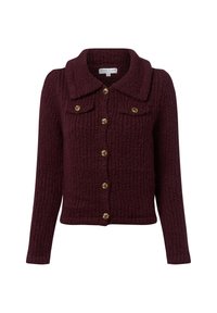 Bordeauxfarbener Strickcardigan mit Kragen, strukturiertem Stoff und dekorativen Knöpfen in Goldton. Verfügt über zwei Brusttaschen.