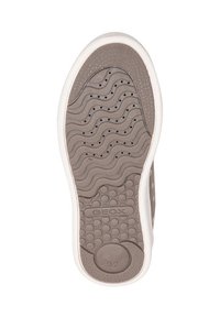 Suola di scarpa in gomma marrone con motivo a onde, piccoli fori di ventilazione e un bordo bianco solido. Visibile il testo "GEOX" e la taglia "32".
