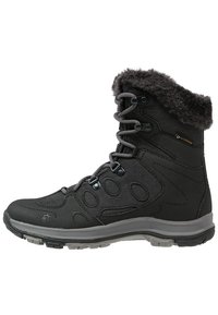 Black high-top winter boot with faux fur collar, lace-up front, textured sole, and weather-resistant fabric.