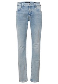 Jean slim pour homme de couleur bleu clair avec fermeture à boutons et zip à l'avant, poches avant, passants pour ceinture, et détails d'effet délavé subtil.