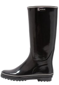 Botte de pluie en caoutchouc noir avec une finition brillante, bordure blanche en haut et semelle texturée pour l'adhérence, arborant le logo Aigle à l'avant.