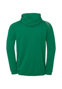 Green hoodie with a drawstring hood, smooth fabric, elastic cuffs, and geometric perforated accents on shoulders. Simple, functional design.