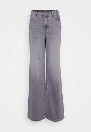 Bredde ben, grå denimjeans med høy midje, med knappestolpe, frontlommer og subtil falming for tekstur.