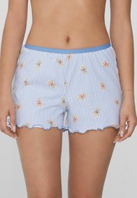 Gestreepte blauwe katoenen shorts met geborduurde berenpatronen, gegolfde zoom en elastische tailleband voor een goede pasvorm en comfort.
