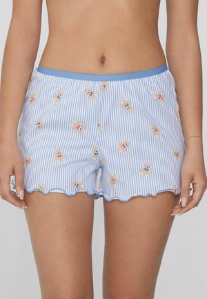 Pantalones cortos de algodón azul a rayas con patrones bordados de osos, dobladillo ondulado y cinturilla elástica para un ajuste y comodidad óptimos.