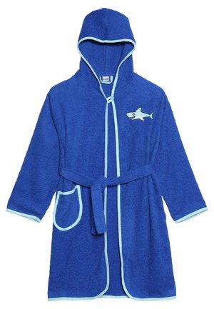 Bata de baño de rizo azul con bordado de tiburón, capucha, mangas largas, cinturilla con lazo y ribete azul claro. Presenta un bolsillo frontal.