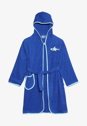 Sininen froteemandia kylpytakki, jossa on hai-ompelu, huppu, pitkät hihat, sidottava vyötärö ja vaaleansininen reunus. Sisältää etutaskun.