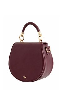 Torebka ze skóry burgundzkiej o zaokrąglonym kształcie, z złotymi elementami ozdobnymi i krótkim uchwytem. Na dole znajduje się subtelne logo.