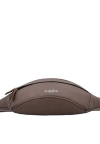 Braune Leder-Gürteltasche mit geschwungener Form, ausgestattet mit einem Reißverschluss und einem dezenten Logo auf der Vorderseite. Die strukturierte Oberfläche verleiht Tiefe.