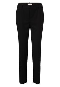 Pantalon noir ajusté en tissu lisse. Présente un devant plat, des passants de ceinture et des jambes droites avec un éclat subtil.
