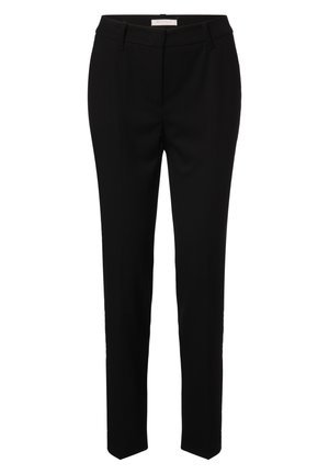 Schwarze, maßgeschneiderte Hose mit schmaler Passform aus glattem Stoff. Verfügt über einen Bund und dezente Seitentaschen, ohne sichtbare Verzierungen.