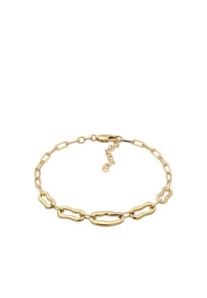 Bracelet chaîne en or avec des maillons lisses mixtes, incluant des formes ovales irrégulières et des maillons rectangulaires, doté d'un fermoir mousqueton et d'une extension de chaîne réglable.