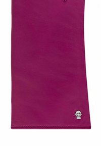 Magenta leather wallet with a smooth texture and visible stitching. Features a silver hardware detail in the bottom right corner.