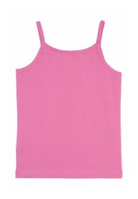 Camisola in cotone rosa con spalline sottili, texture a coste e fondo dritto, caratterizzata da un colore uniforme senza motivi o dettagli.