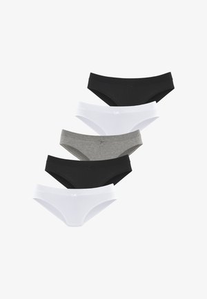 Cinque paia di bikini in misto cotone nei colori nero, bianco e grigio, dotati di una vita morbida e piccoli dettagli a fiocco sul fronte.