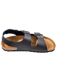 Sandalo in pelle nera con due cinghie regolabili, soletta in sughero e suola in gomma; presenta una texture liscia e un design minimalista.