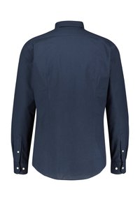 Marineblauw shirt met lange mouwen, gladde stof, manchetten met knopen, afgeronde zoom, achterstuk met paspel voor een goede pasvorm. Geen patronen of accenten zichtbaar.