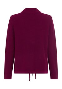 Wine-colored, long-sleeve pullover with a textured finish, a collared neck, and adjustable drawstring hem. Smooth knit fabric.