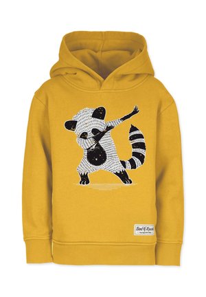 Sweat à capuche jaune moutarde avec un raton laveur dessin animé blanc et noir effectuant une pose de danse dab sur le devant.