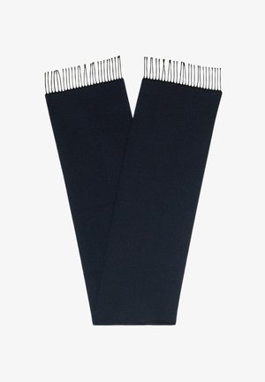 Donkerblauwe sjaal gemaakt van zachte stof, met lange franjes aan de randen en een glad, vlak ontwerp. Meet ongeveer 180 cm in lengte.