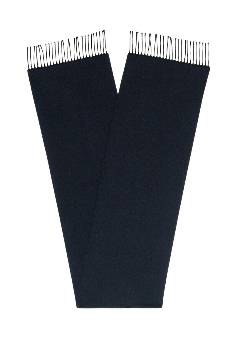 Sciarpa blu scuro realizzata in tessuto morbido, con lunghe frange ai bordi e un design liscio e piatto. Misura circa 180 cm di lunghezza.