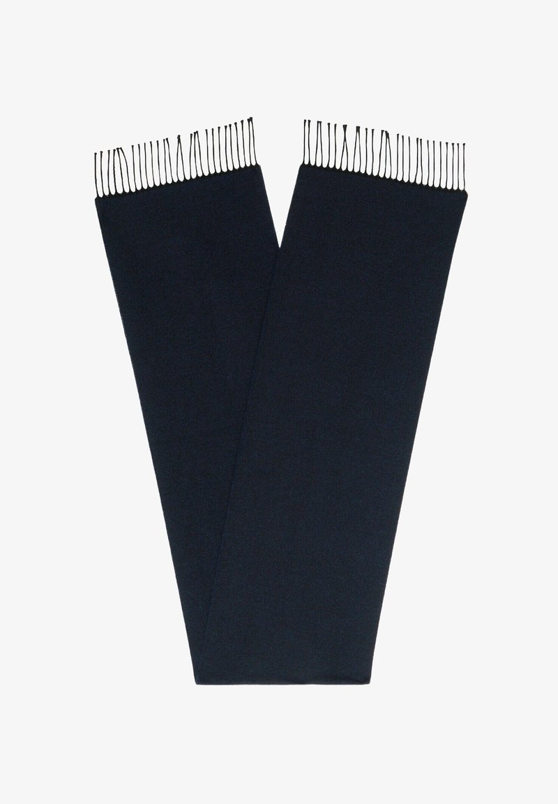 Sciarpa blu scuro realizzata in tessuto morbido, con lunghe frange ai bordi e un design liscio e piatto. Misura circa 180 cm di lunghezza.