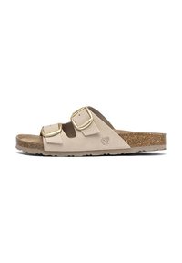 Infradito beige realizzato in morbido camoscio, con due fibbie regolabili e una suola in sughero con finitura testurizzata.