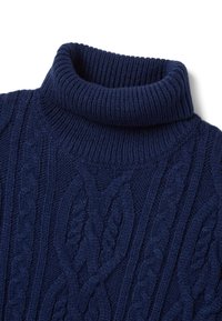 Navy blue knitted turtleneck sweater featuring a cable knit pattern with ribbed texture around the neck and shoulders.