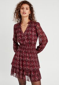 Robe à motifs rouges avec des manches longues, un décolleté en V et une taille élastique. Elle présente des volants superposés et des motifs floraux sur un tissu transparent.