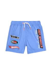 Shorts de bain bleus avec une taille élastique munie d'un cordon de serrage, plusieurs patches colorés et un accent à motif checkered.