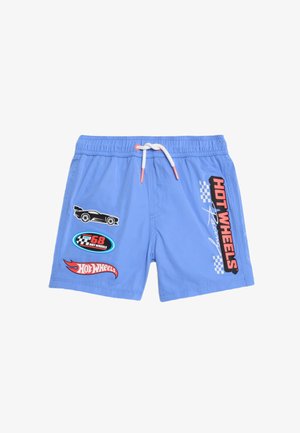 Blauwe zwemshorts met een elastische tailleband en een trekkoord, meerdere kleurrijke patches en een geruit accent.