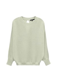 Helles grünes Strickpullover mit rundem Ausschnitt, langen Ärmeln und einem Schlitzdetail hinten. Feine Textur und lässige Passform.