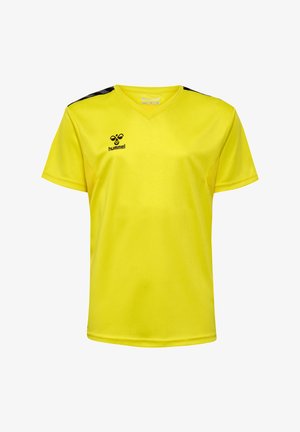 Gul atletisk trøje lavet af glat stof. Har en V-halsudskæring, sorte detaljer på skuldrene og et lille logo på den øverste venstre bryst.