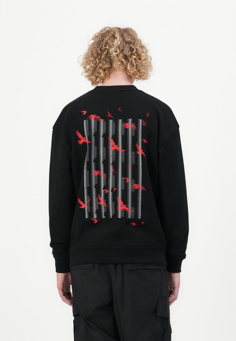 Black sweatshirt featuring a graphic design of red birds against vertical gray stripes on the back, with a relaxed fit and long sleeves.